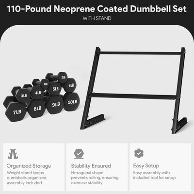 BalanceFrom Fitness 110lb Neoprene Coated Dumbbell Set w/Stand, Black (Open Box) - VMInnovations