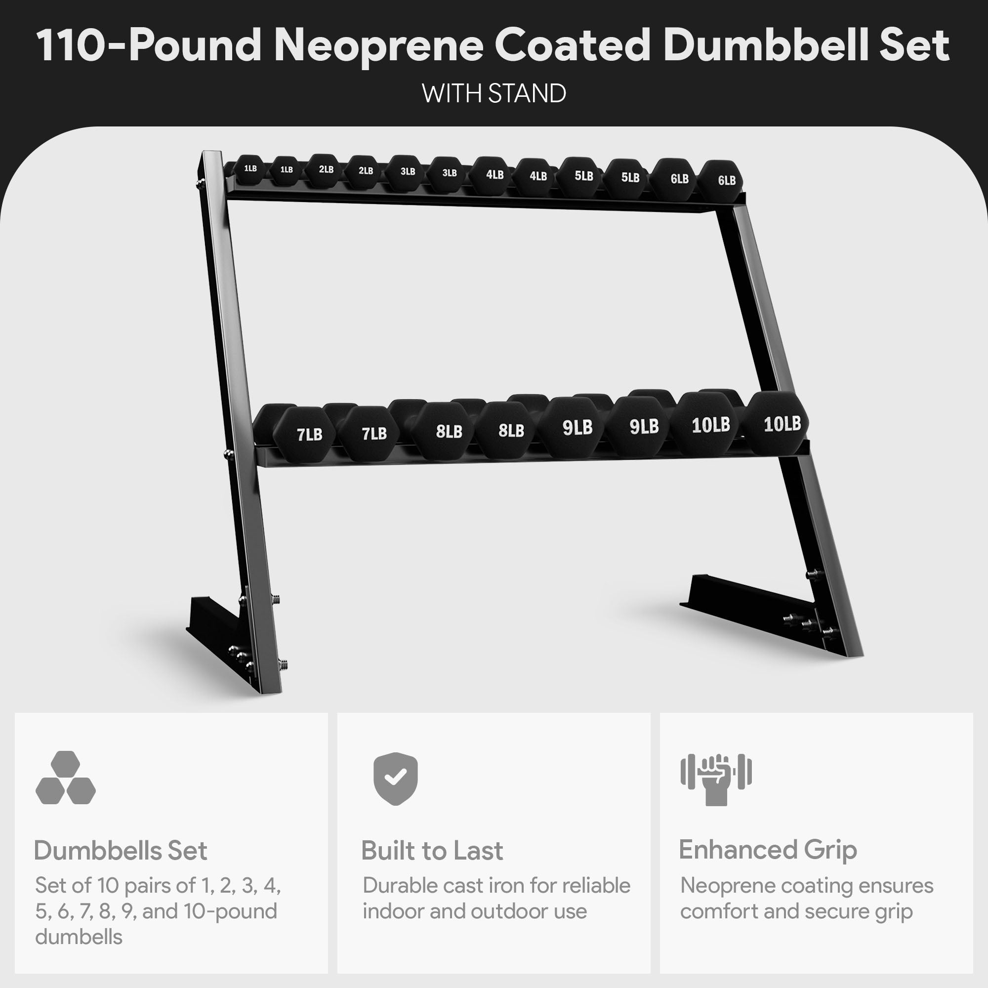 BalanceFrom Fitness 110lb Neoprene Coated Dumbbell Set w/Stand, Black (Open Box) - VMInnovations
