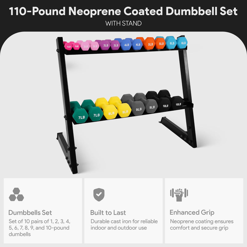 BalanceFrom Fitness 110 Pound Neoprene Coated Dumbbell Set w/ Stand, Multicolor