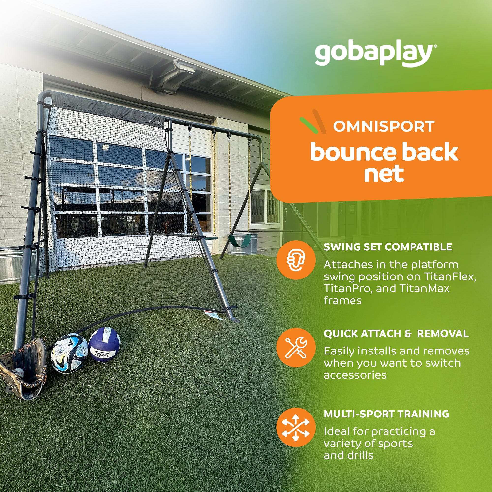 gobaplay Bounce Back Net , 126”x75” Rebounder Attachment, Swingset Not Included - VMInnovations