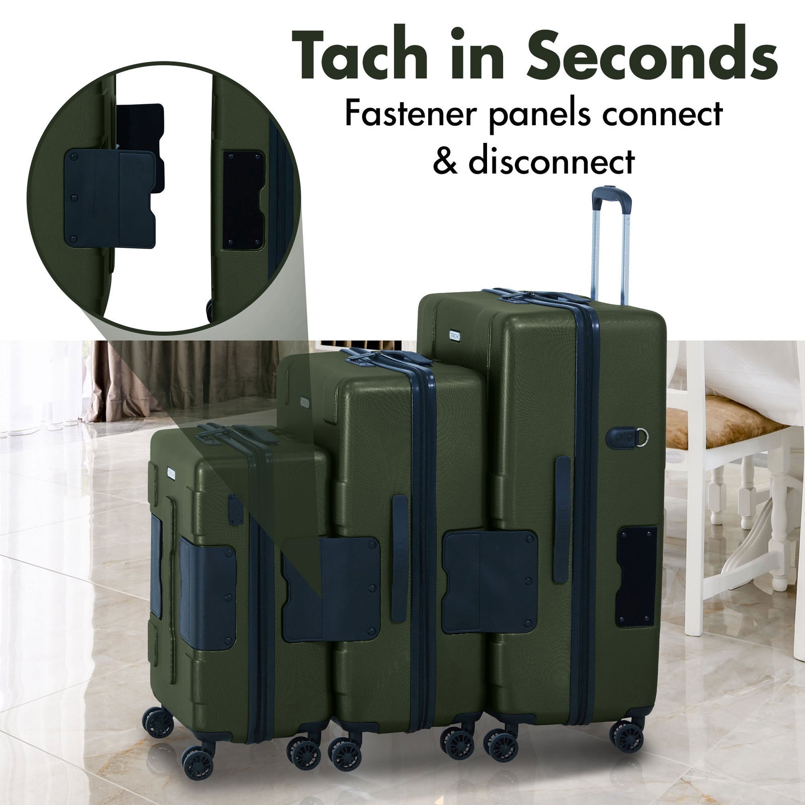 TACH V3 3pc Set Connectable Hard Shell Spinner Luggage Set, Green (Open Box) - VMInnovations