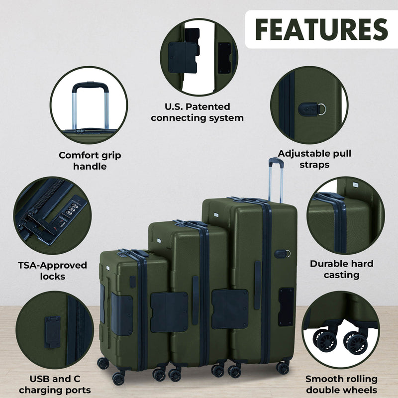 TACH V3 3 Piece Set Connectable Hard Shell Spinner Suitcase Luggage Set, Green