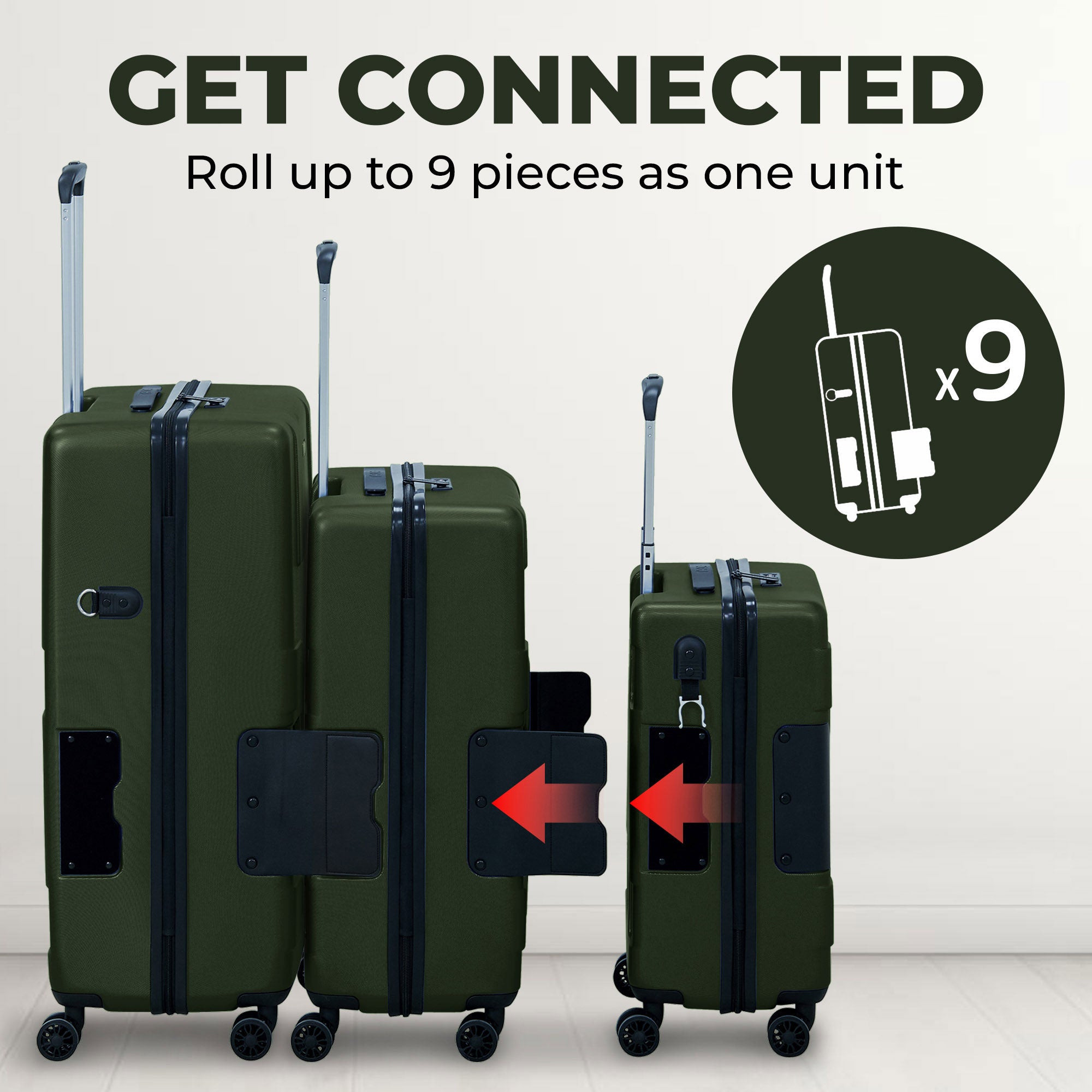 TACH V3 3pc Set Connectable Hard Shell Spinner Luggage Set, Green (Open Box) - VMInnovations