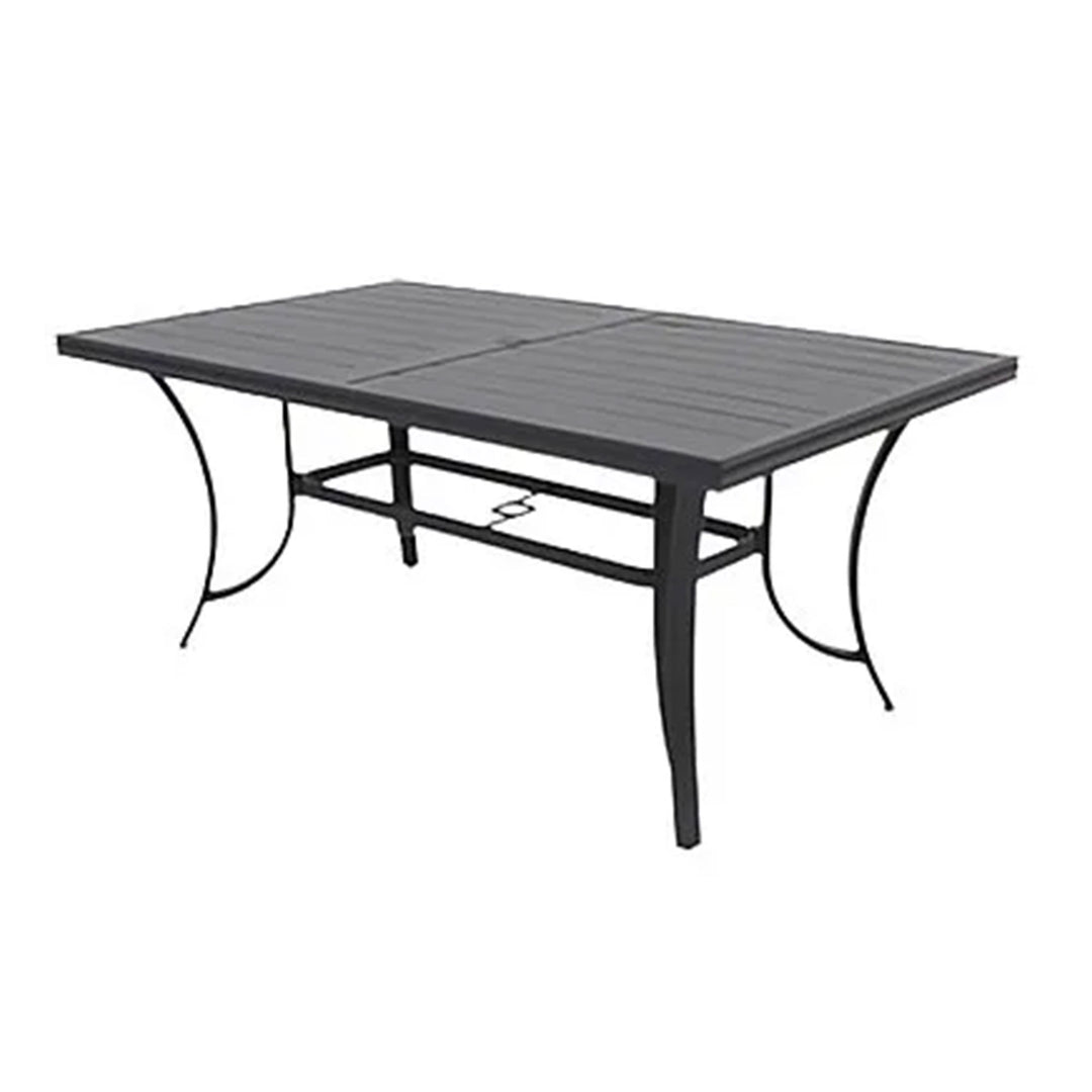 Four Seasons Courtyard Slat Top Table with Frame and Umbrella Hole, Gray (Used)