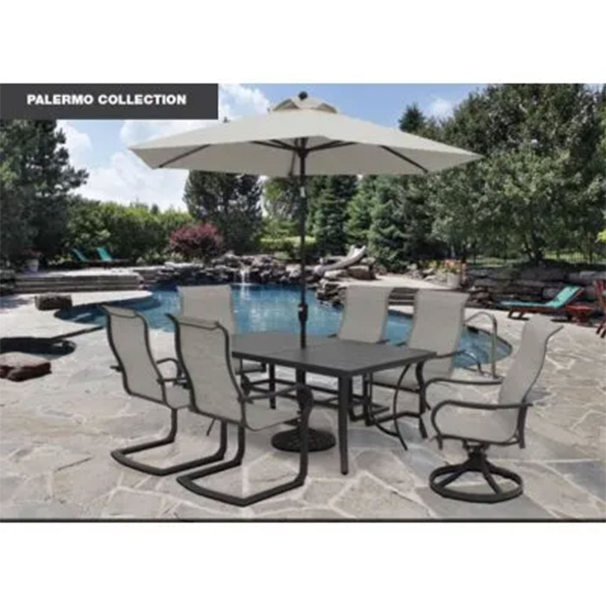 Four Seasons Courtyard Slat Top Table with Frame and Umbrella Hole, Gray (Used)