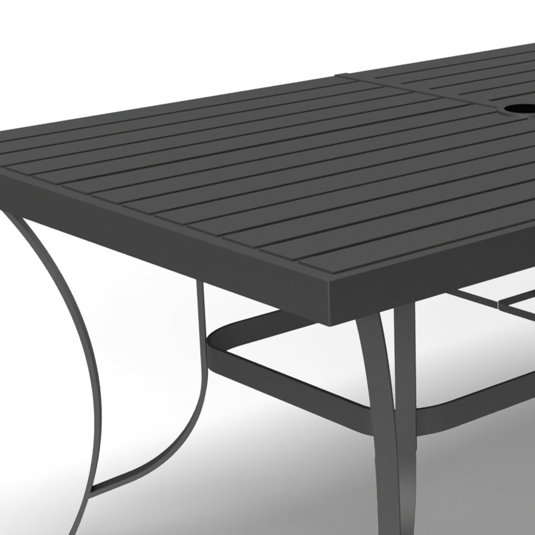 Four Seasons Courtyard Slat Top Table with Frame and Umbrella Hole, Gray (Used)