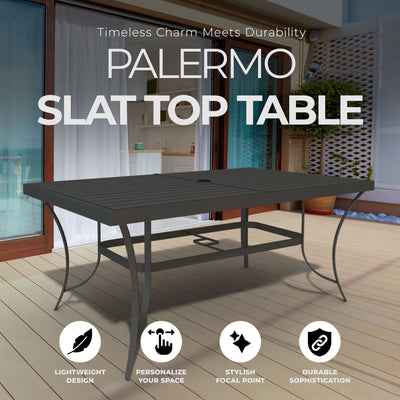 Four Seasons Courtyard Slat Top Table with Frame and Umbrella Hole, Gray (Used) - VMInnovations