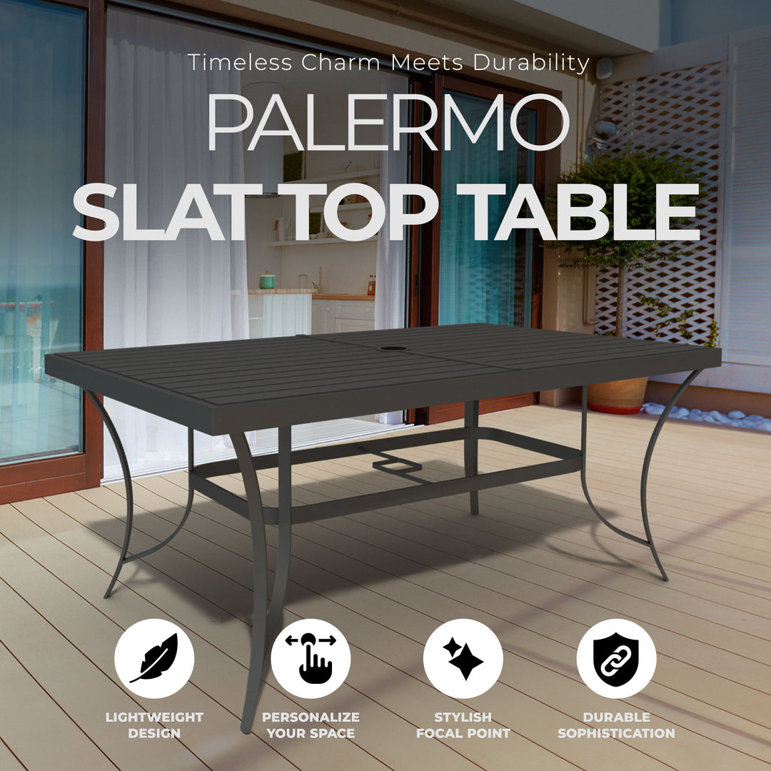 Four Seasons Courtyard Slat Top Table with Frame and Umbrella Hole, Gray (Used) - VMInnovations