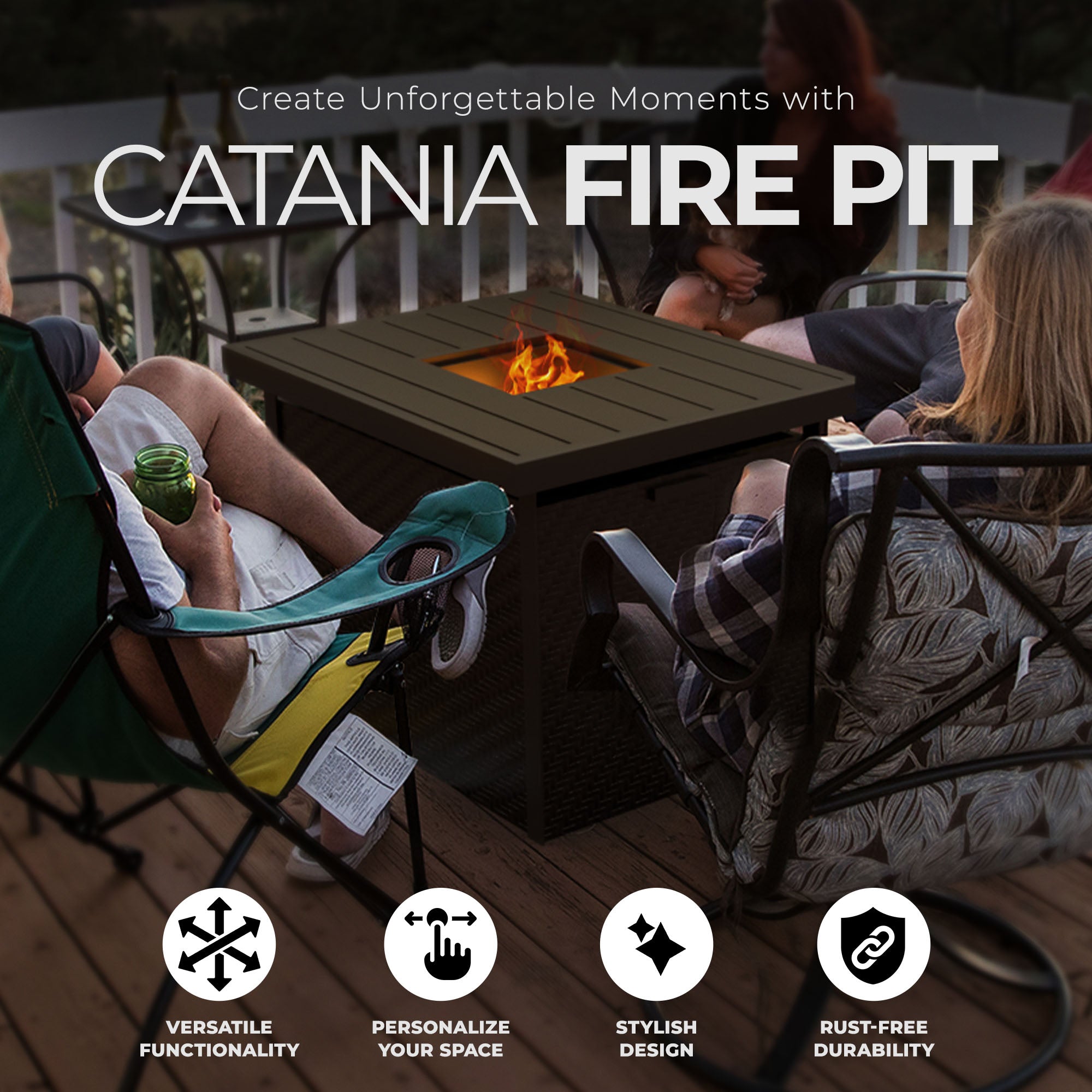 Four Seasons Courtyard 27 x 34 In Catania Slat Top Outdoor Gas Fire Pit Table - VMInnovations