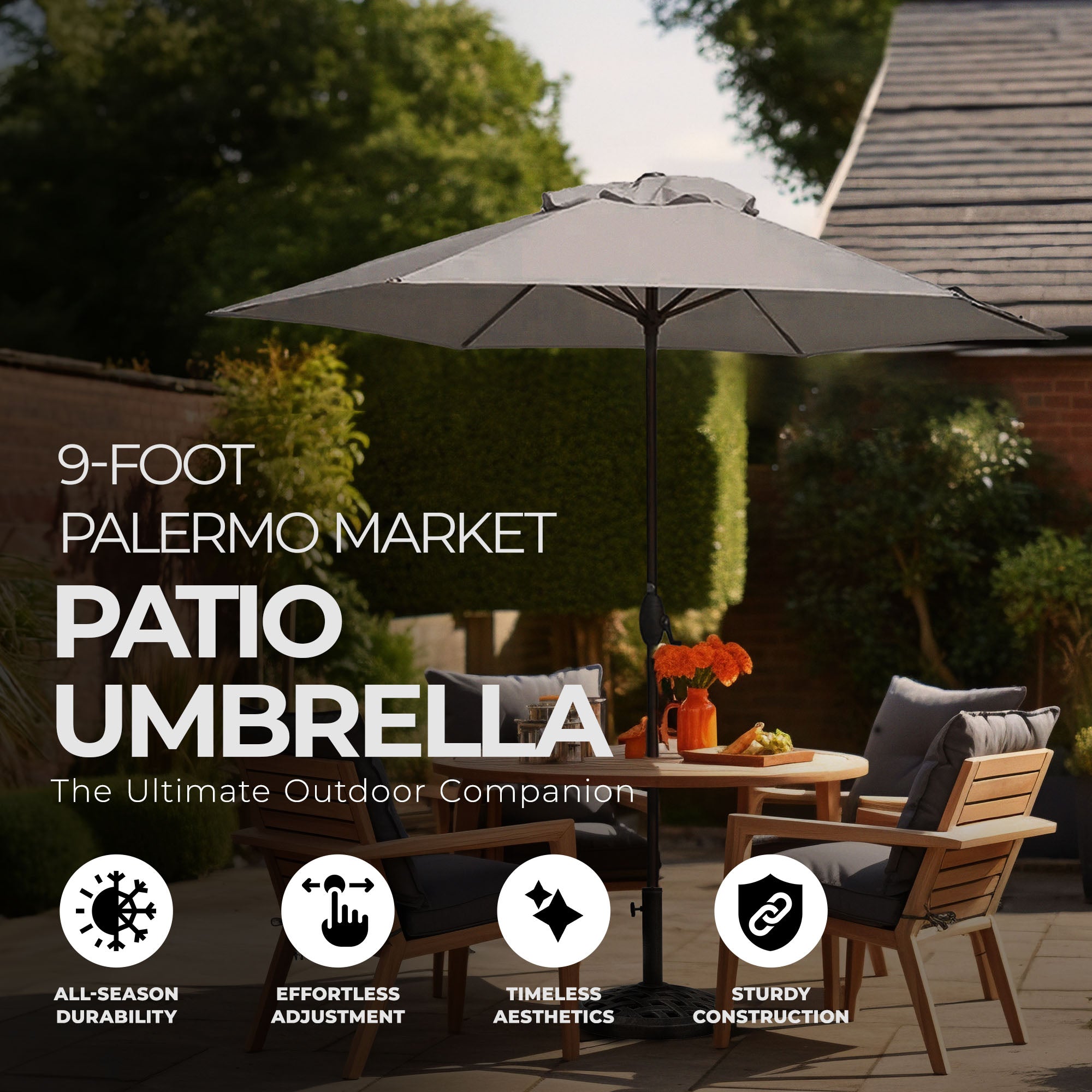 Four Seasons Palermo Market Patio Umbrella with Push Button Tilt, Gray(Open Box) - VMInnovations