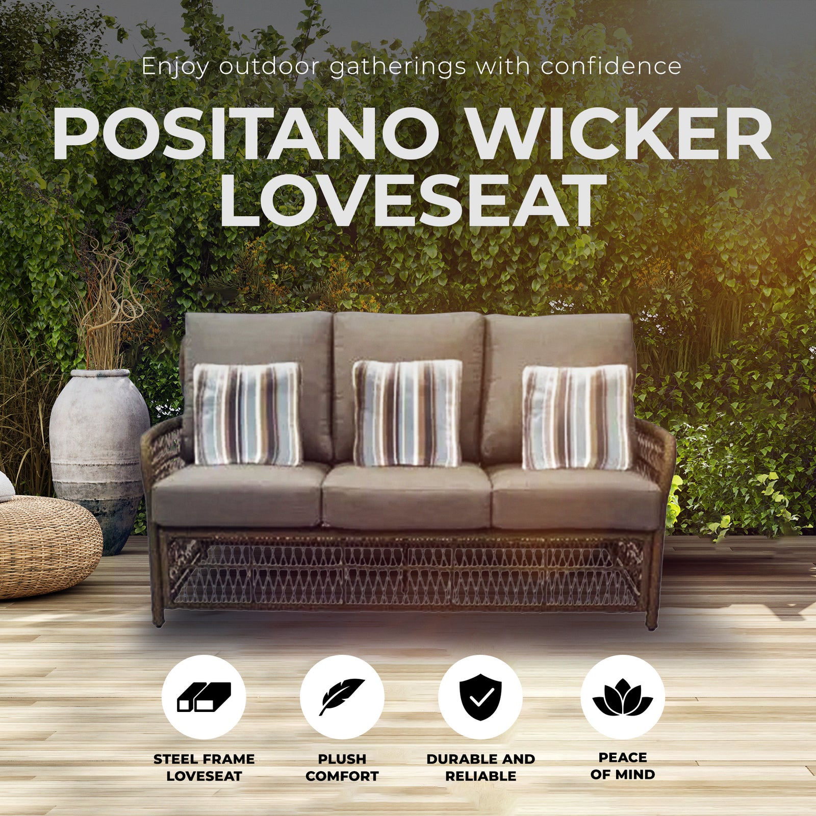 Four Seasons Courtyard Positano 3 Seater All Weather Wicker Loveseat, Beige - VMInnovations