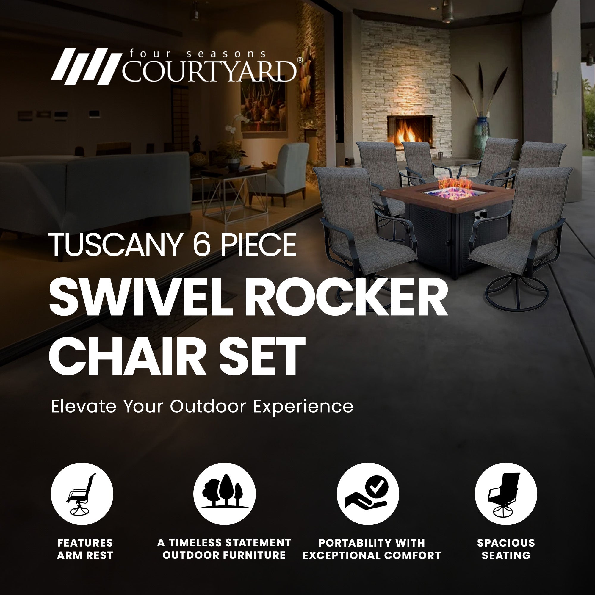 Four Seasons Courtyard Tuscany 6 Piece Swivel Rocker Chair Set w/ Aluminum Frame - VMInnovations