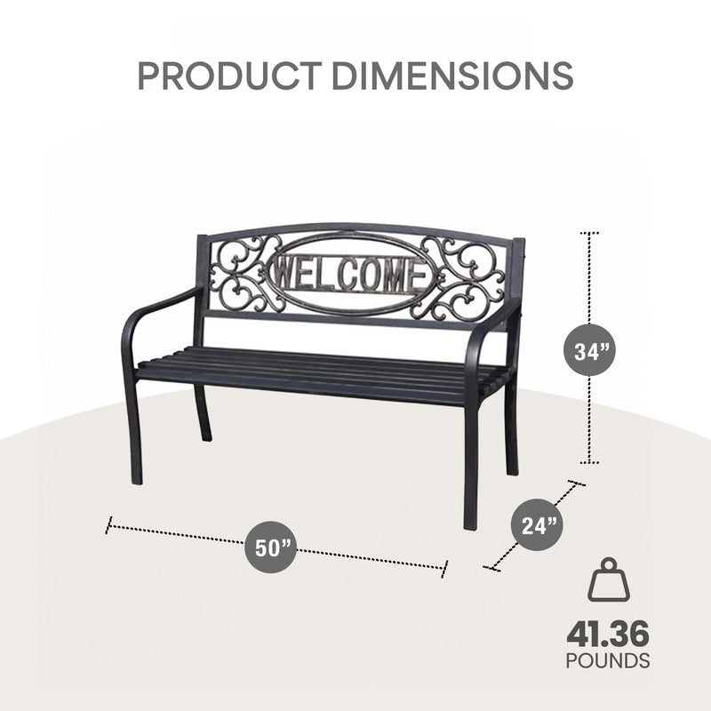 Four Seasons Courtyard Welcome Steel Park Bench with 500 Pound Capacity, Black