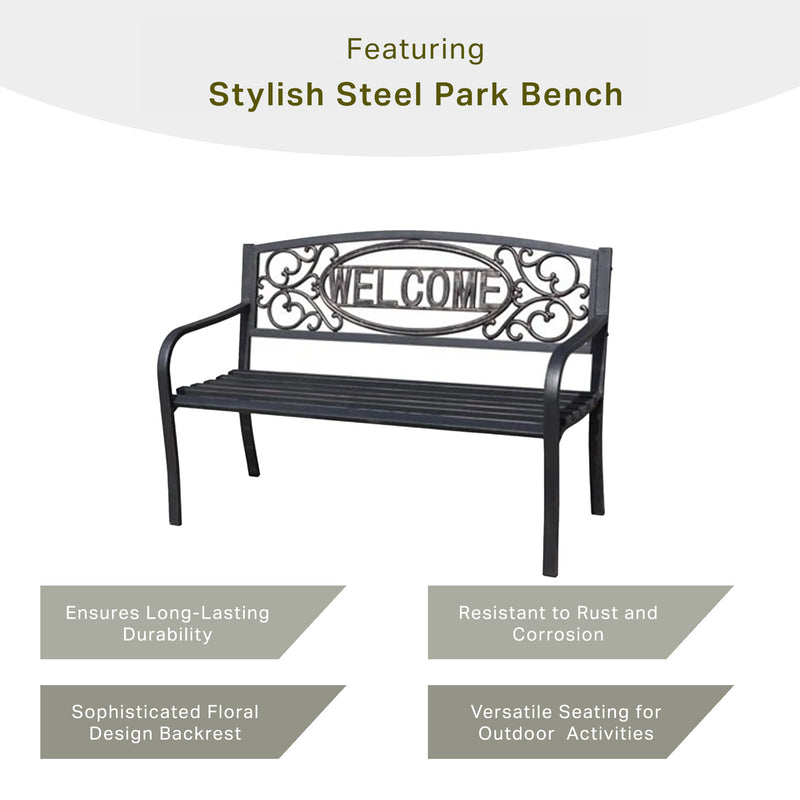 Four Seasons Courtyard Welcome Steel Park Bench with 500 Pound Capacity, Black