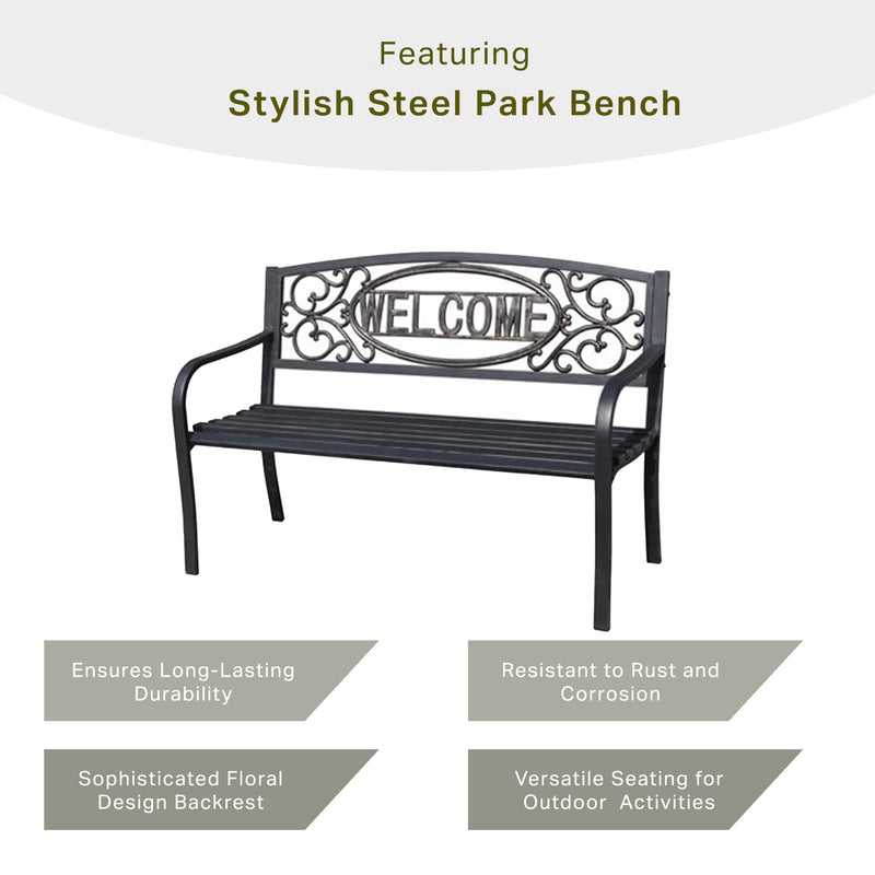 Four Seasons Courtyard Welcome Steel Park Bench, Black (Open Box)