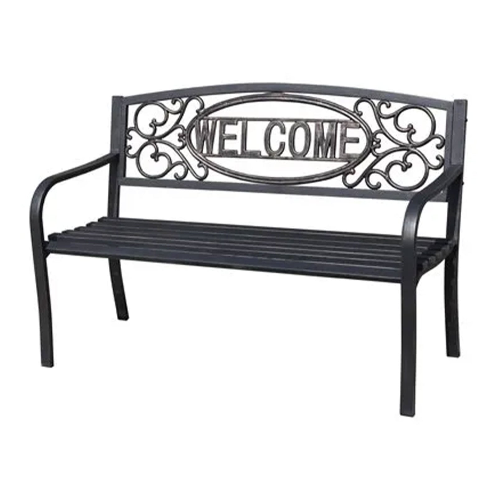Four Seasons Courtyard Welcome Steel Park Bench with 500 Pound Capacity, Black - VMInnovations