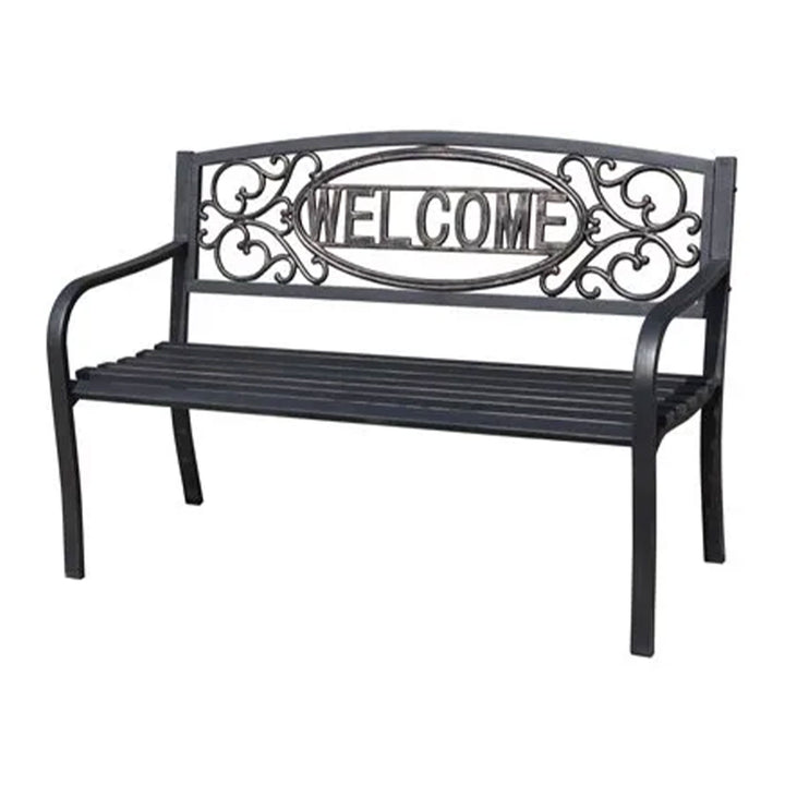 Four Seasons Courtyard Welcome Steel Park Bench with 500lb Capacity, Black(Used)