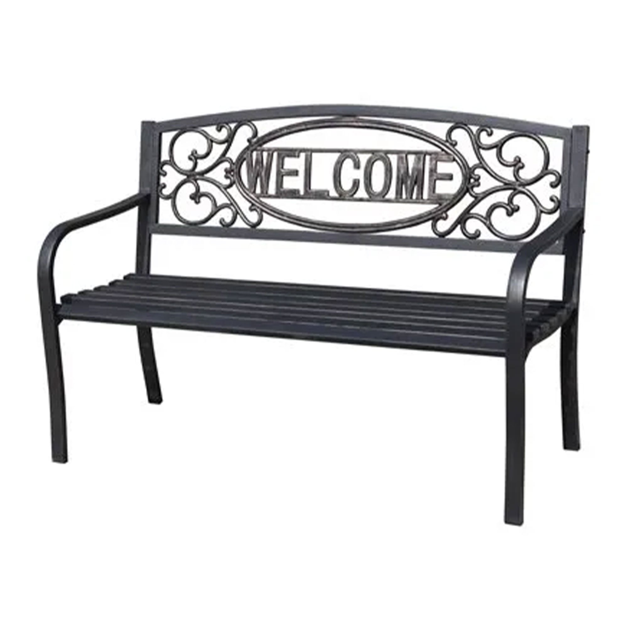 Four Seasons Courtyard Welcome Steel Park Bench, Black (Open Box) - VMInnovations