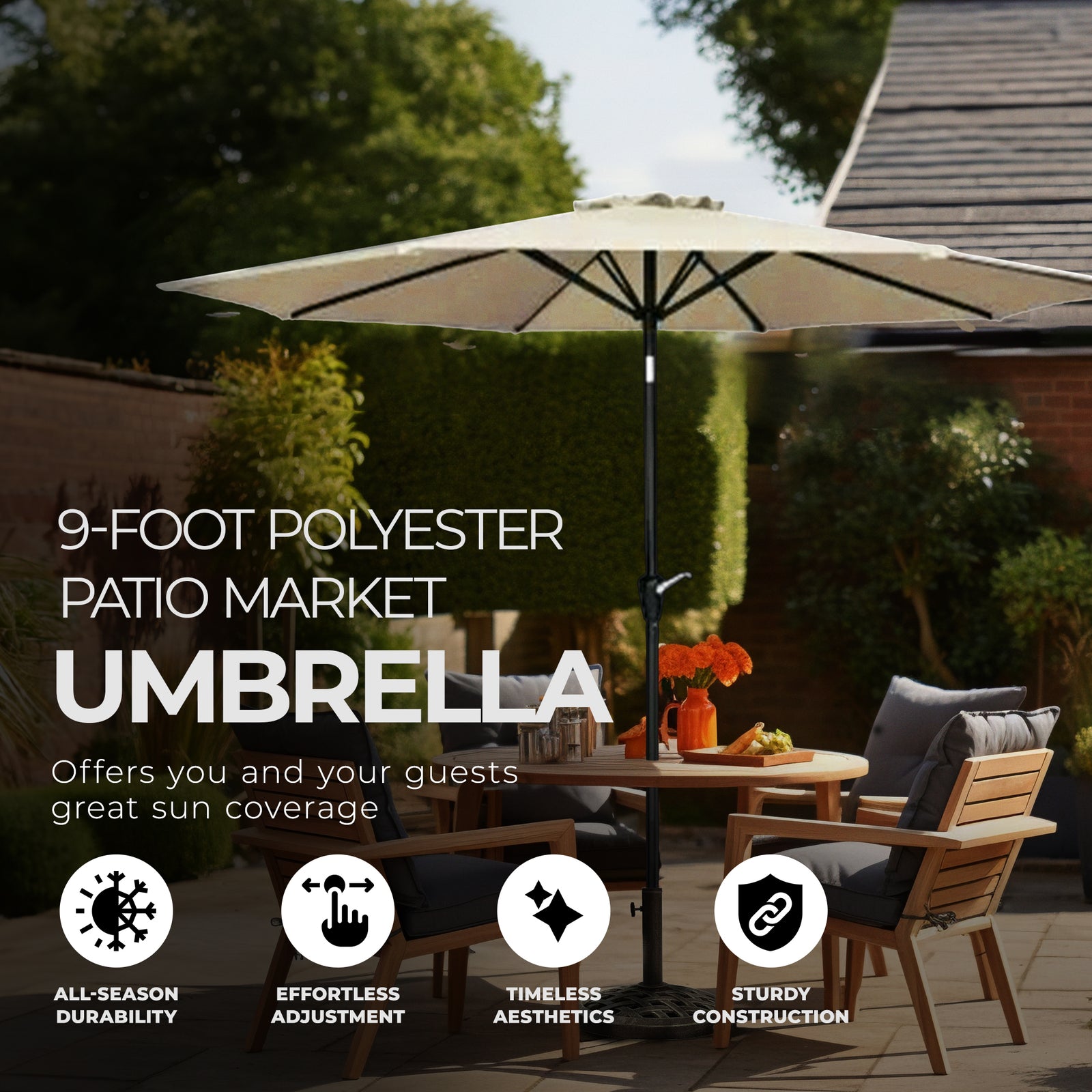 Four Seasons Courtyard 9’ Polyester Patio Market Umbrella with Steel Pole, Beige - VMInnovations