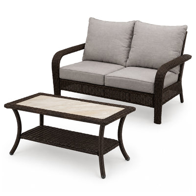 Four Seasons Courtyard Montego Bay Loveseat & Coffee Table, Ivory & Wicker Brown