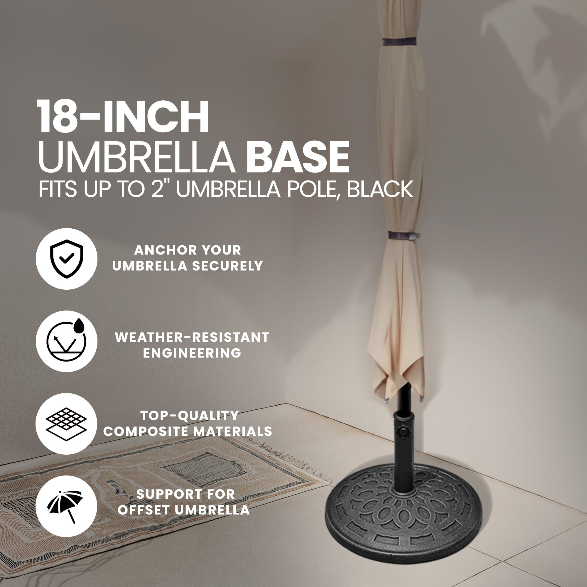 Four Seasons 18" Umbrella Base Fits Up To 2" Umbrella Pole, Black (Open Box) - VMInnovations