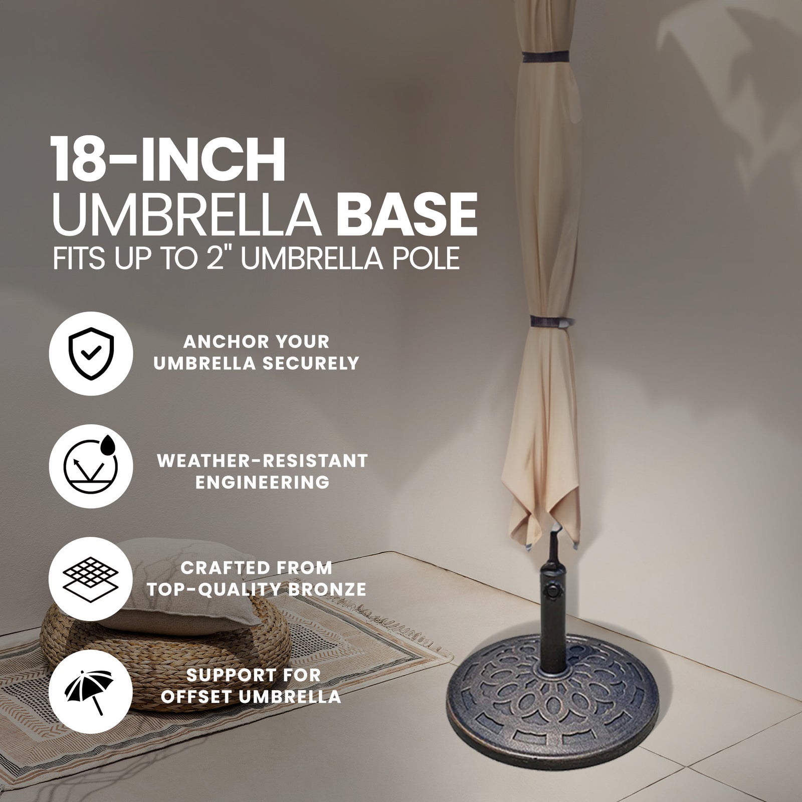 Four Seasons Courtyard 18" Umbrella Base Fits Up To 2" Umbrella,Bronze(Open Box) - VMInnovations
