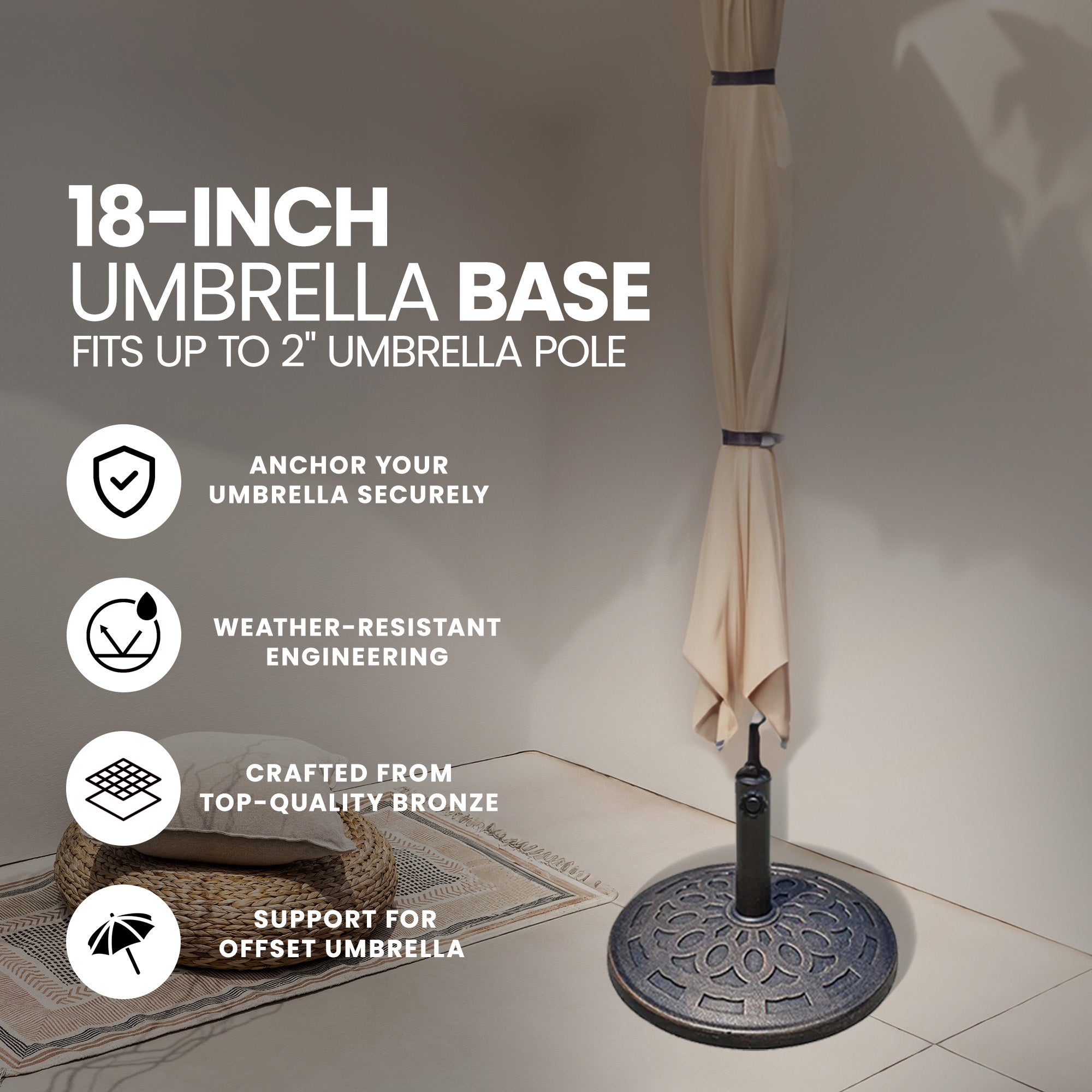 Four Seasons Courtyard 18" Umbrella Pole Base Fits Up To 2" Pole, Bronze (Used)