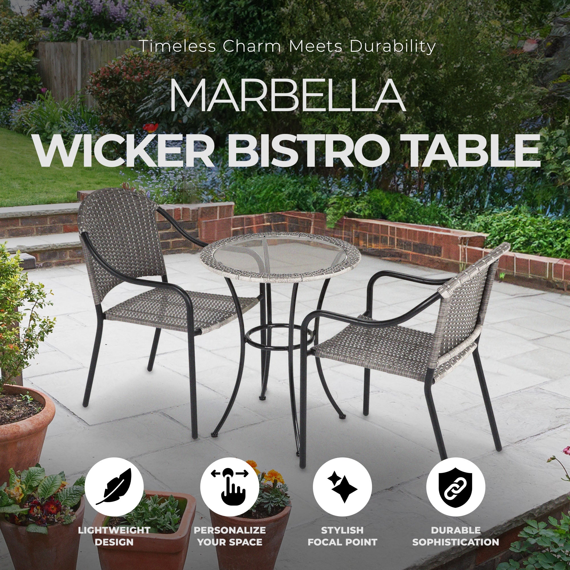 Four Seasons Courtyard 24" Wicker Modern Bistro Patio Table, Gray (Open Box) - VMInnovations