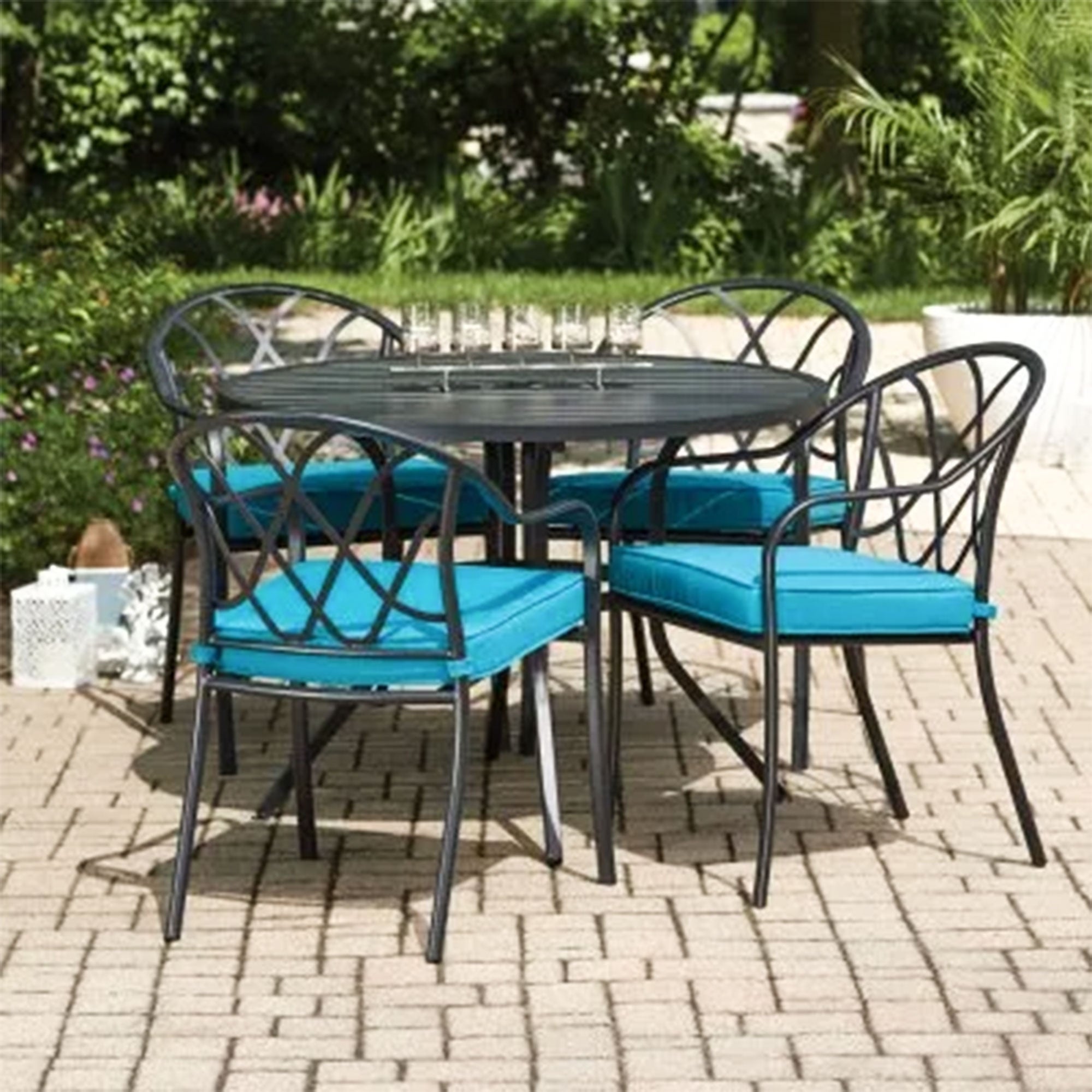 Four Seasons Courtyard Clearwater 5 Piece Stacking Chairs Patio Dining Set, Teal - VMInnovations