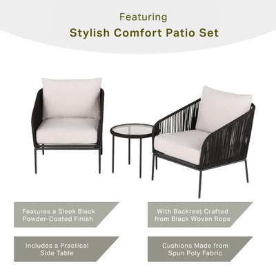 Four Seasons Courtyard Carrabelle 3 Piece Chat Set with Woven Rope Design, Black - VMInnovations