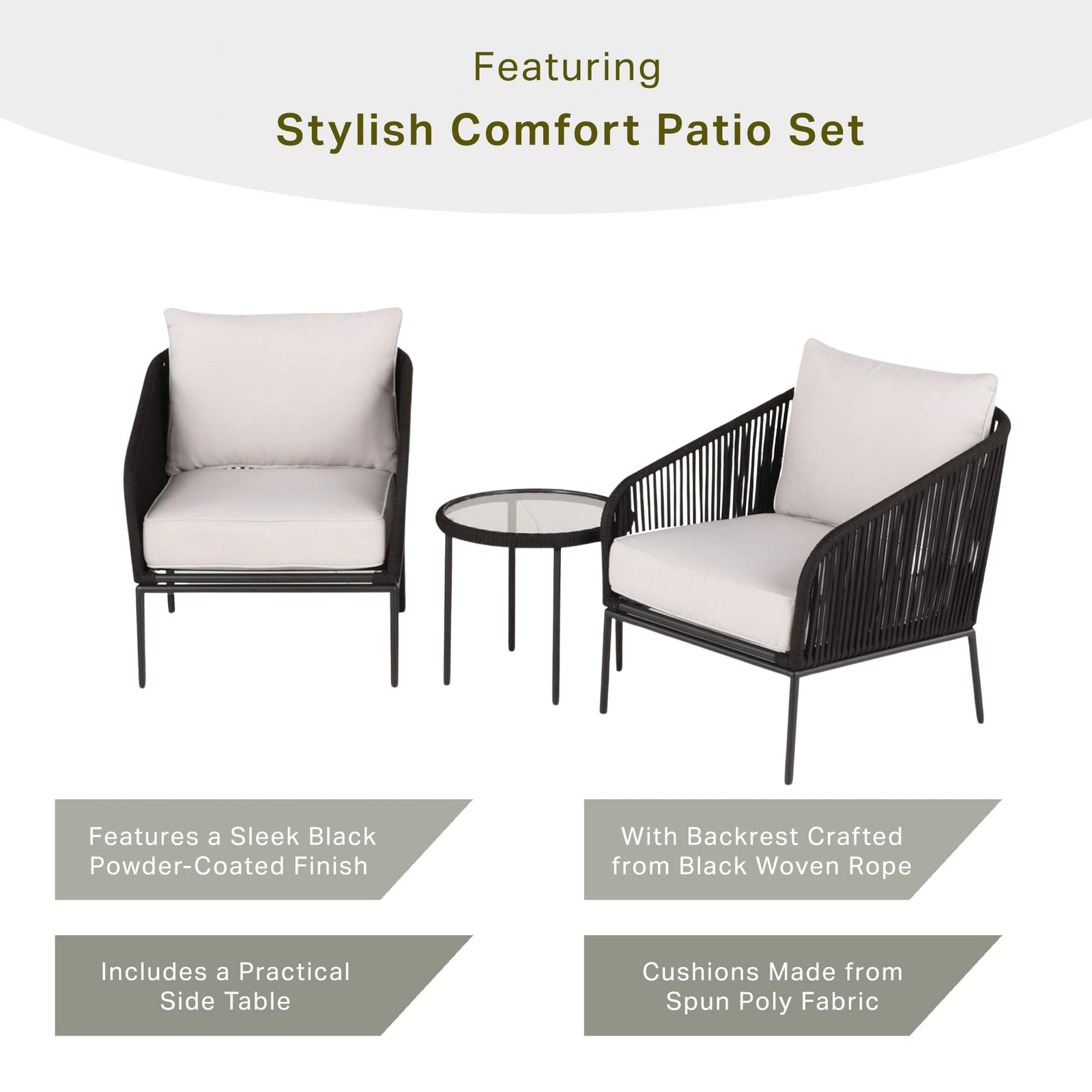 Four Seasons Courtyard 3pc Chat Set with Woven Rope Design, Black (Open Box) - VMInnovations