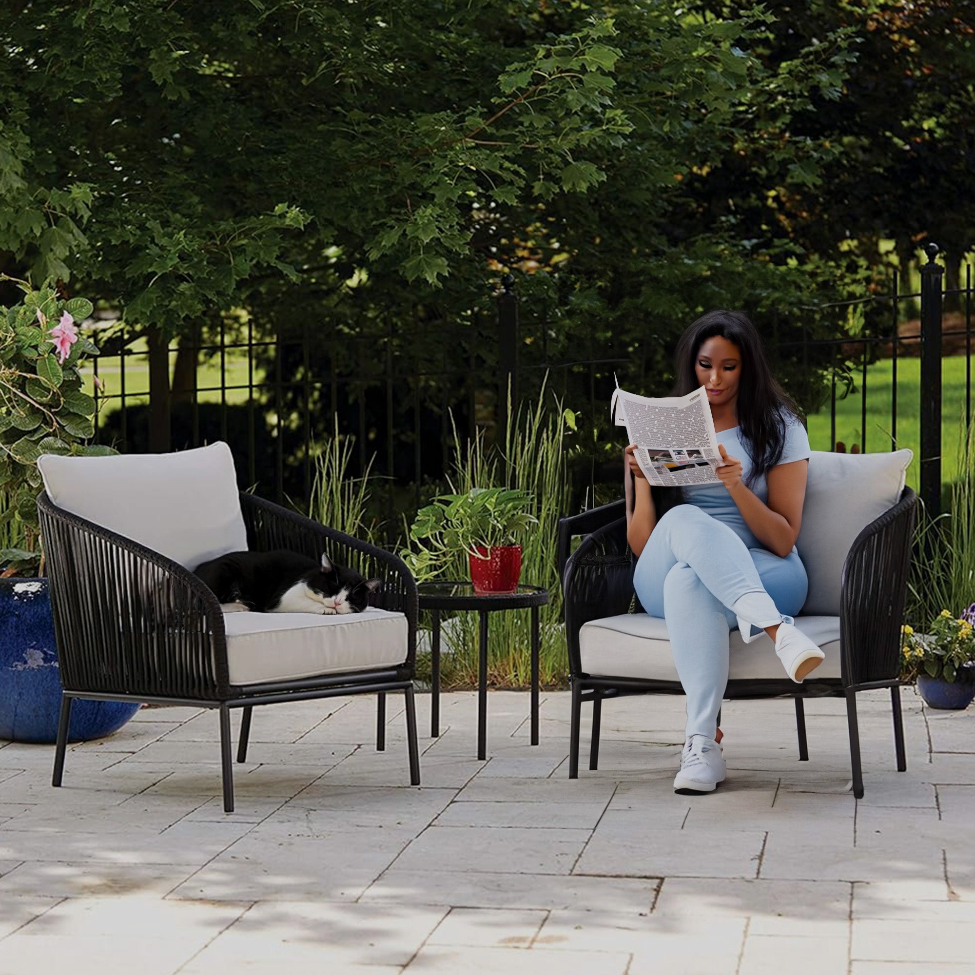 Four Seasons Courtyard 3pc Chat Set with Woven Rope Design, Black (Open Box) - VMInnovations