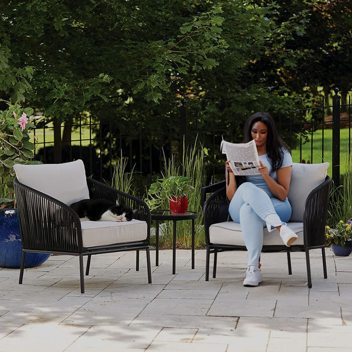 Four Seasons Courtyard 3pc Chat Set w/Woven Rope Design, Black (For Parts) - VMInnovations