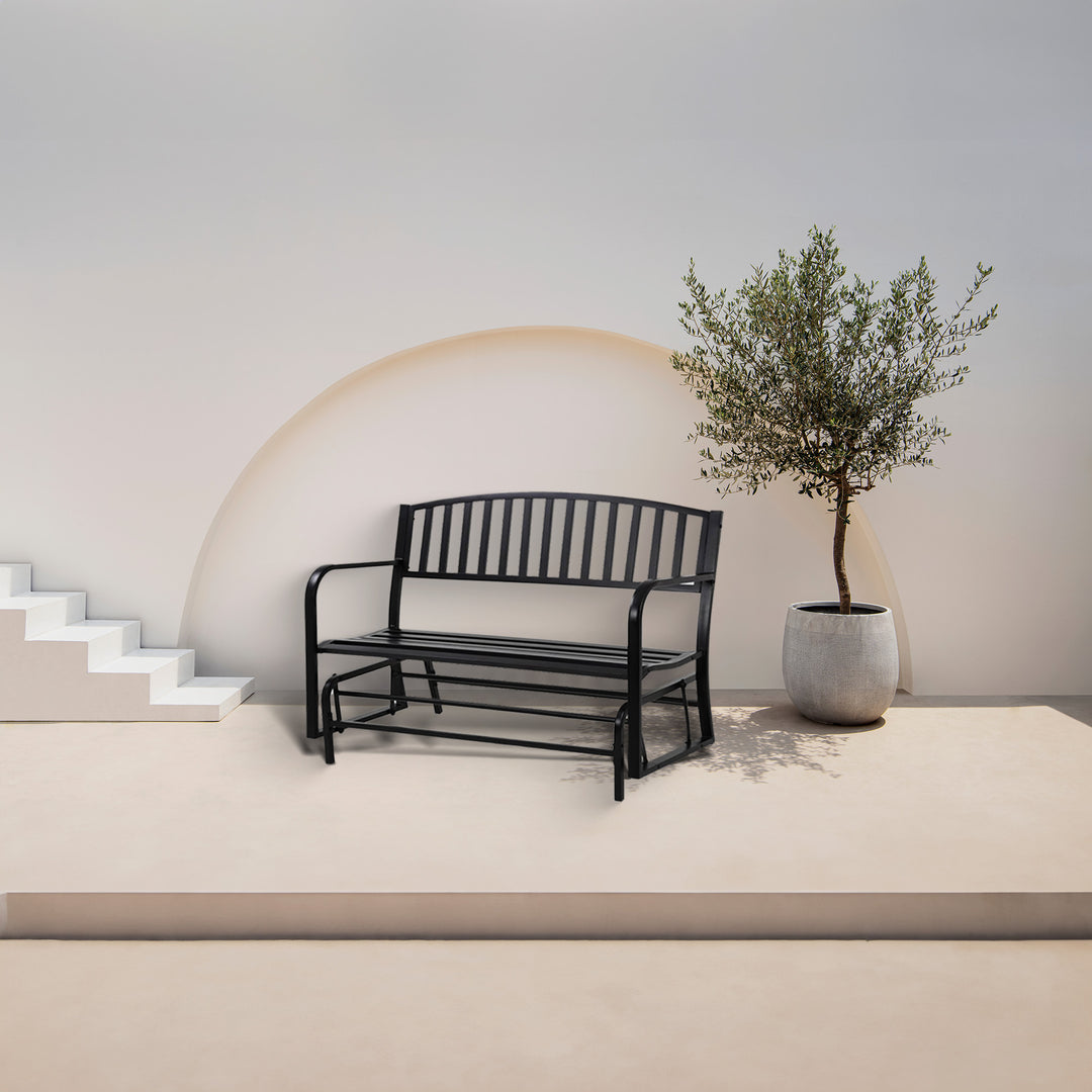 Four Seasons Courtyard Outdoor Steel Glider Bench, Black (Open Box)