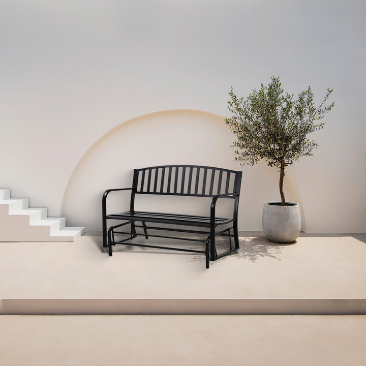 Four Seasons Courtyard Outdoor Steel Glider Bench, Black (Open Box) - VMInnovations
