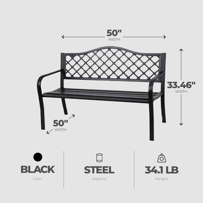 Four Seasons Courtyard Steel Bench w/Lattice Seat Back Design, Black (Open Box) - VMInnovations