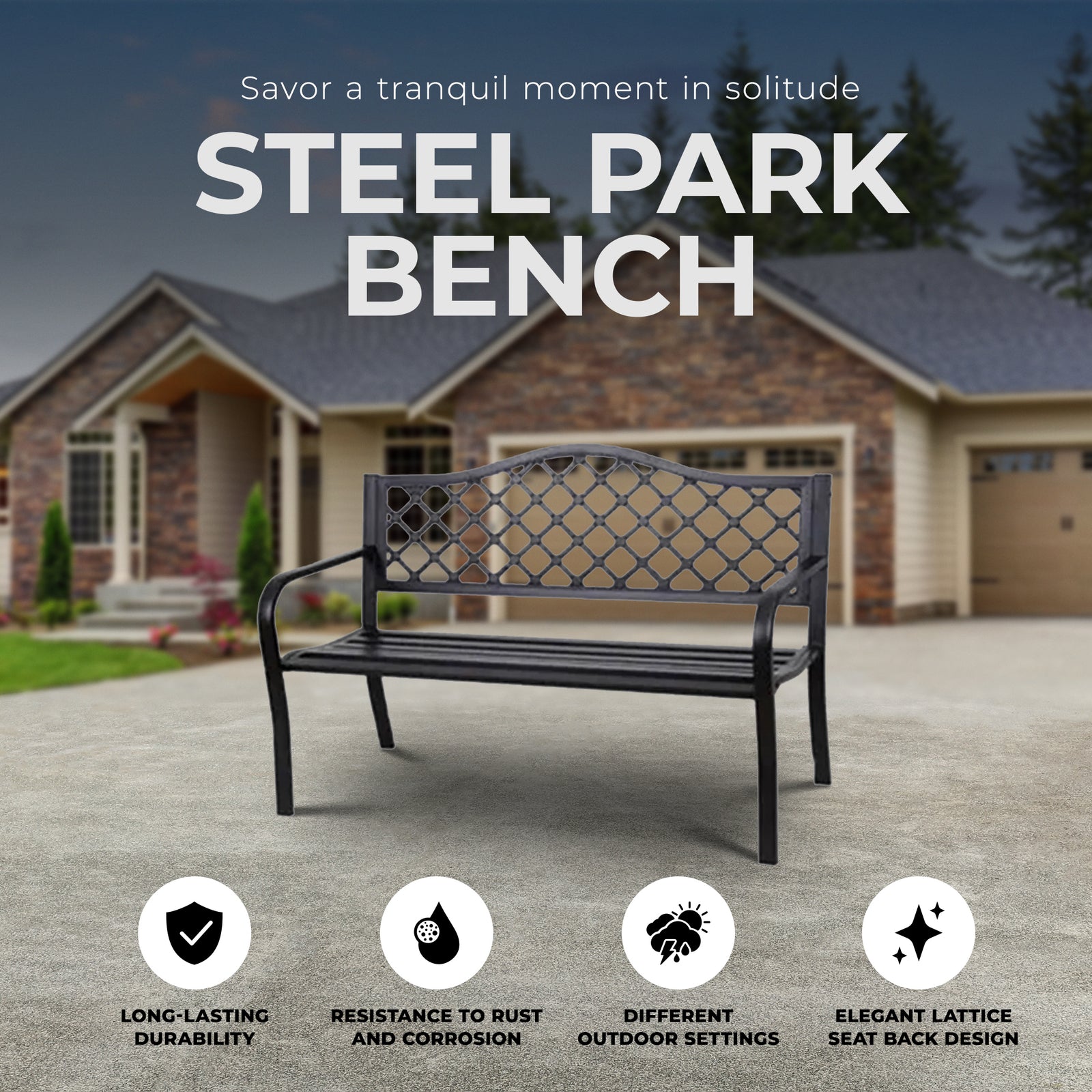 Four Seasons Courtyard Steel Park Bench with Lattice Seat Back, Black(For Parts) - VMInnovations