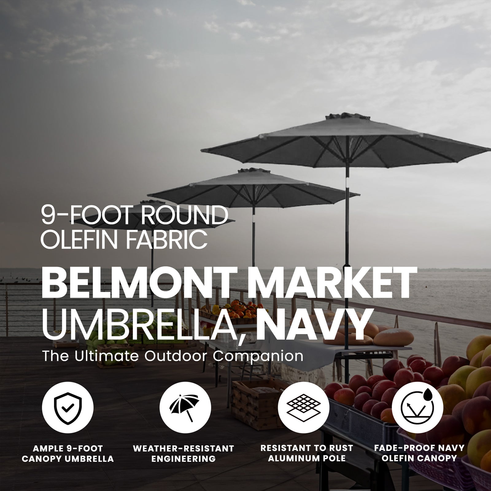 Four Seasons Courtyard 9' Round Fabric Belmont Market Umbrella, Navy (Used) - VMInnovations