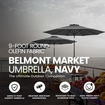 Four Seasons Courtyard 9 Foot Round Olefin Fabric Belmont Market Umbrella, Navy