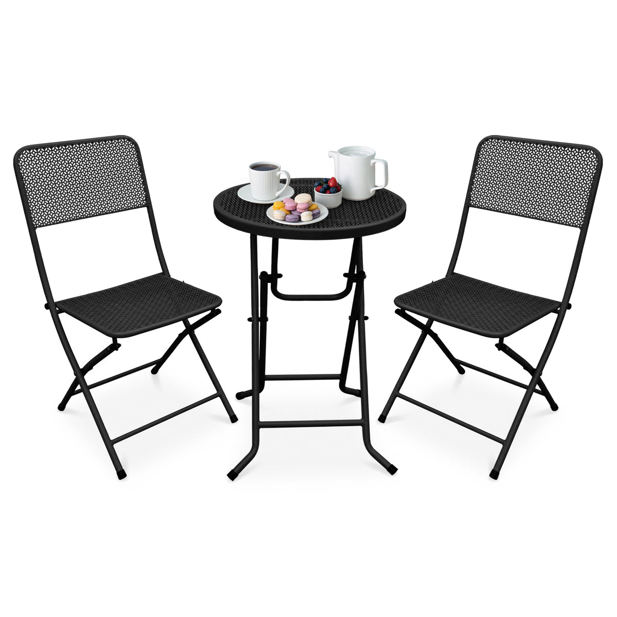 Four Seasons Courtyard Padova Foldable 3 Piece Steel Bistro Dining Set, Black