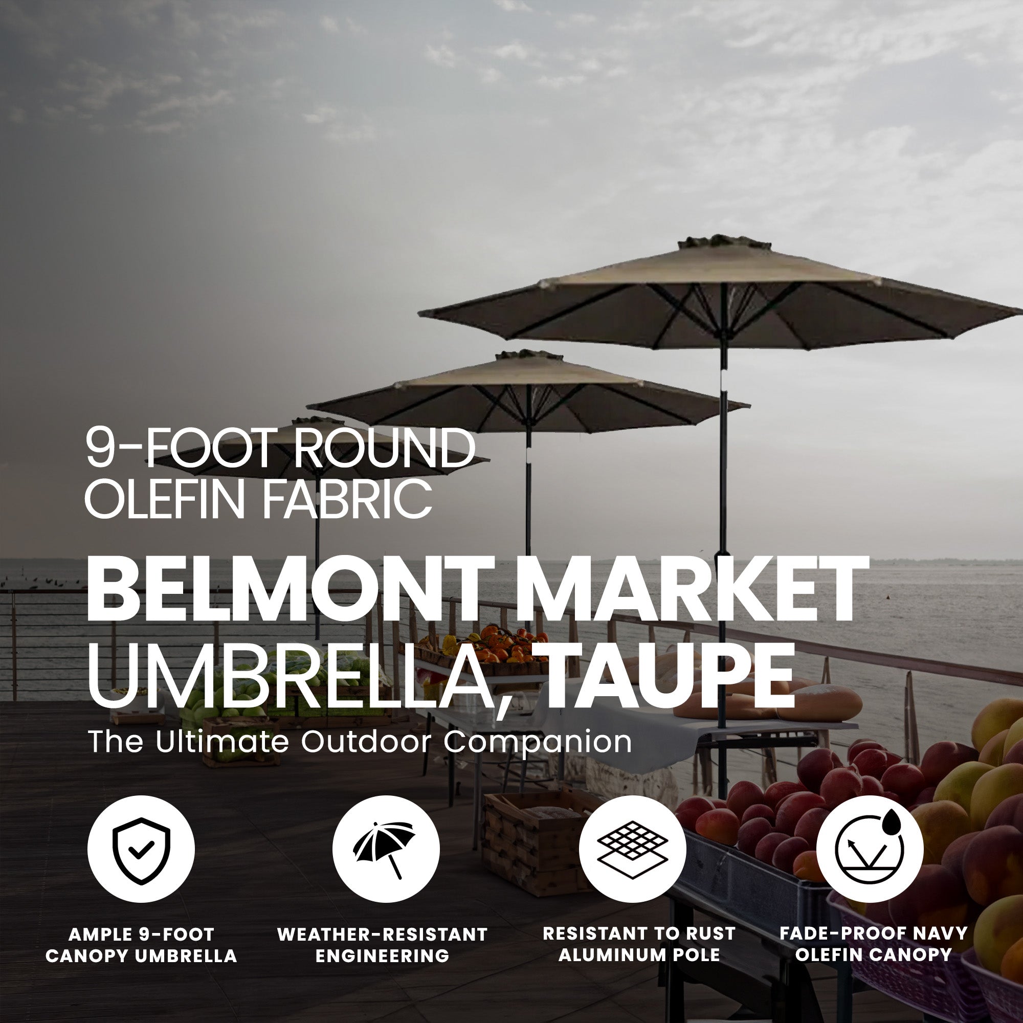Four Seasons Courtyard 9 Foot Round Olefin Fabric Belmont Market Umbrella, Taupe - VMInnovations