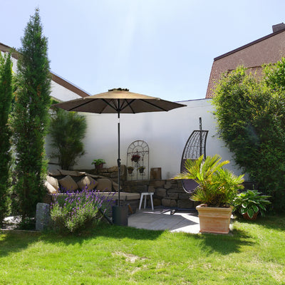Four Seasons Courtyard 9 Foot Round Olefin Fabric Belmont Market Umbrella, Taupe - VMInnovations