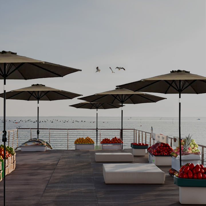 Four Seasons Courtyard 9ft Olefin Fabric Belmont Market Umbrella,Taupe(Open Box) - VMInnovations