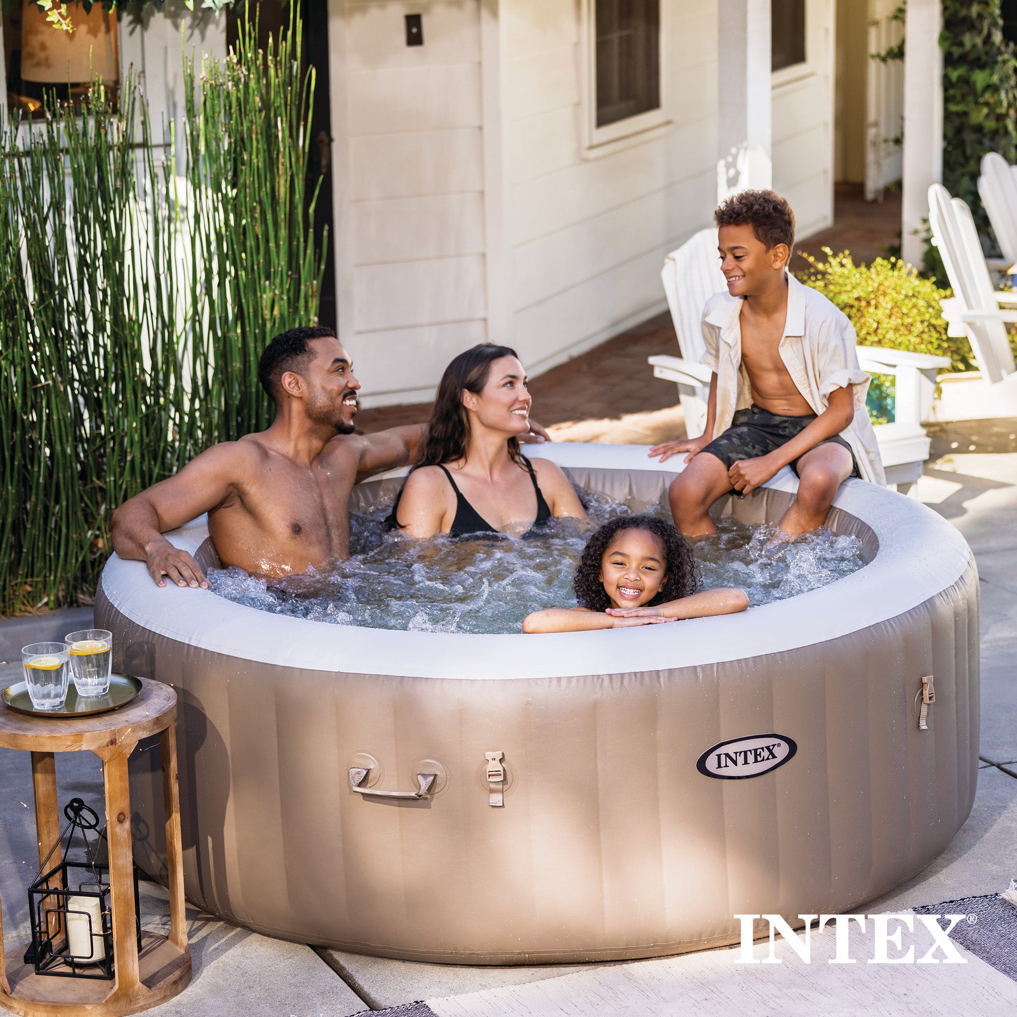 Intex 4 Person Bubble Massage Inflatable Hot Tub Spa Set, Sahara Tan (Open Box)