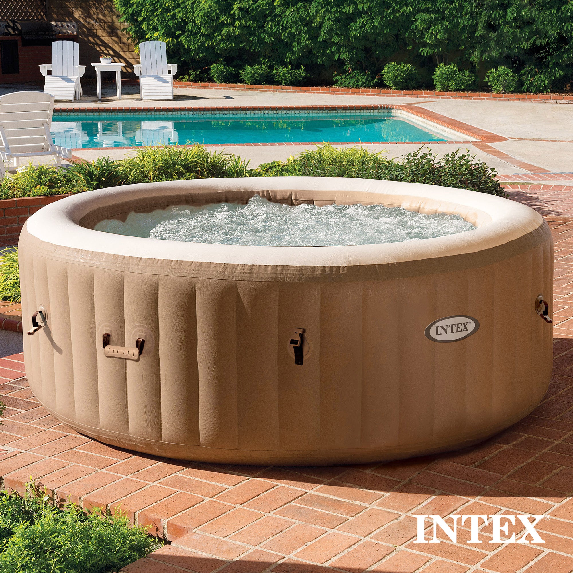 Intex 4 Person Bubble Massage Inflatable Hot Tub Spa Set, Sahara Tan (Open Box)