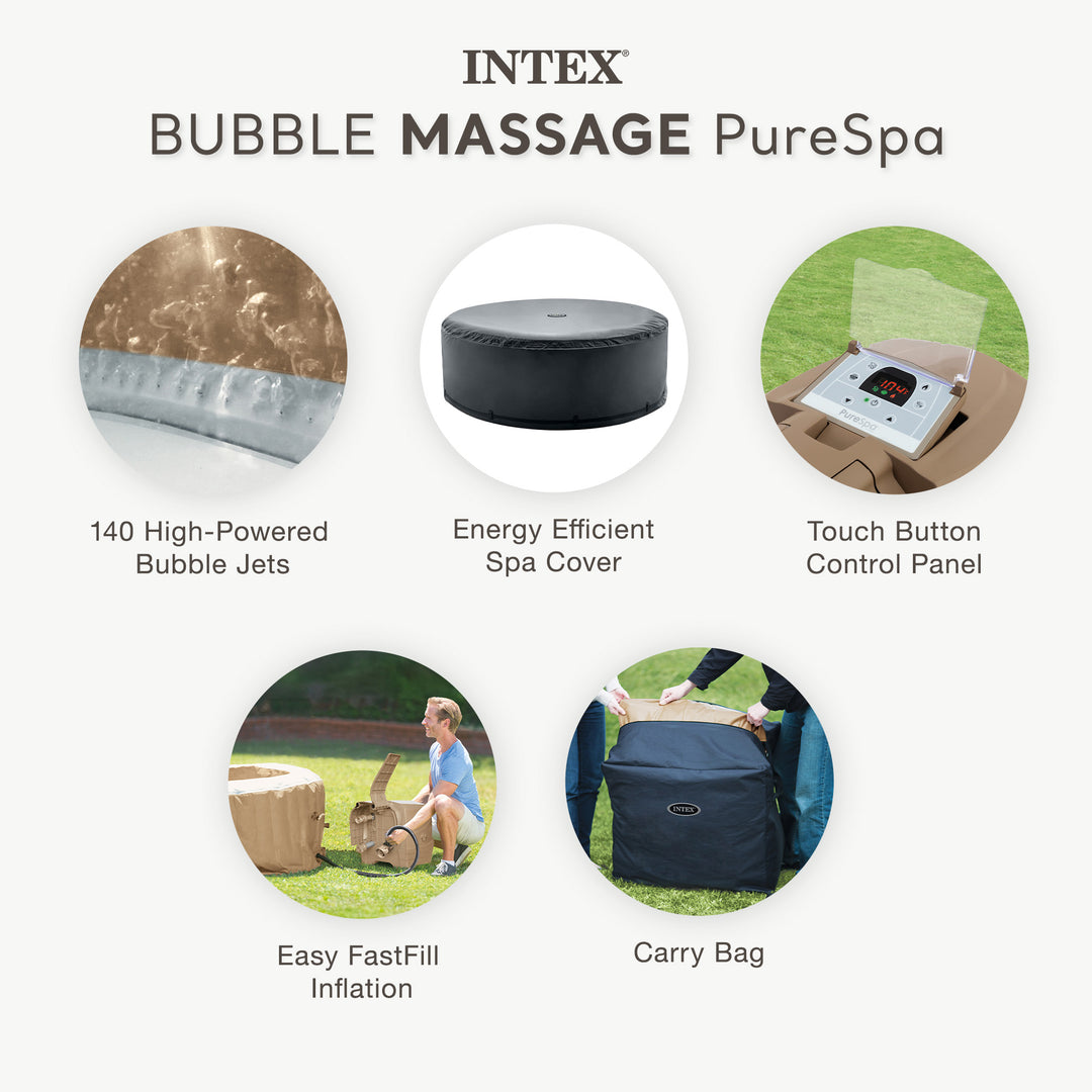 Intex PureSpa 6 Person Bubble Massage Inflatable Hot Tub Spa Set, Sahara Tan