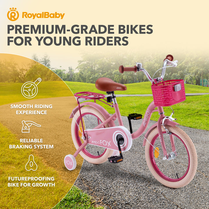 RoyalBaby Amigo Fox Kids Bike w/ Training Wheels and Kickstand, Pink (Open Box)