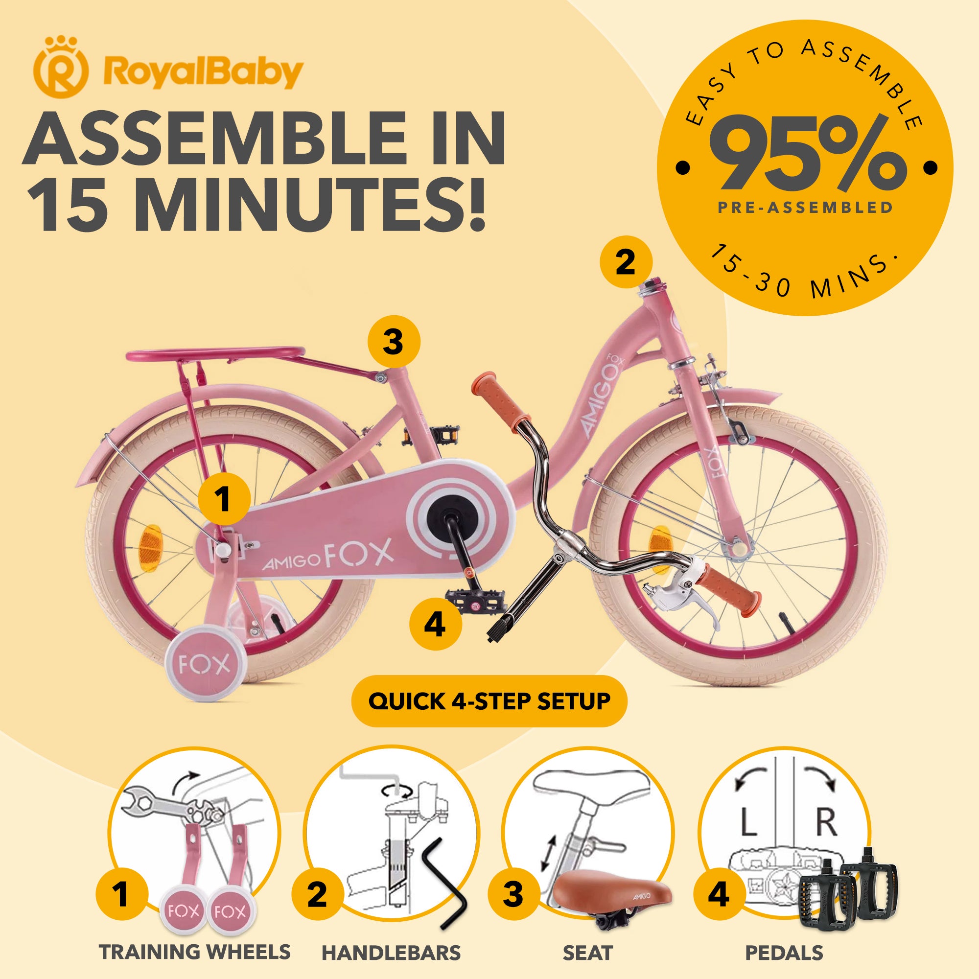 RoyalBaby Amigo Fox Kids Lightweight Bike w/ Training Wheels and Kickstand, Pink - VMInnovations