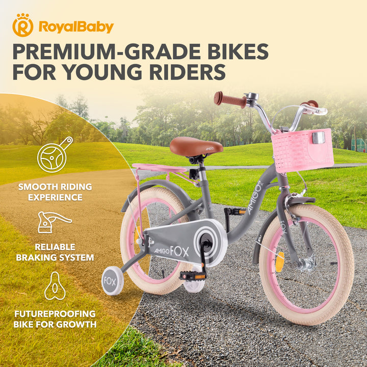 RoyalBaby Fox Kids Lightweight Bike w/Training Wheels & Kickstand,Gray(Open Box)