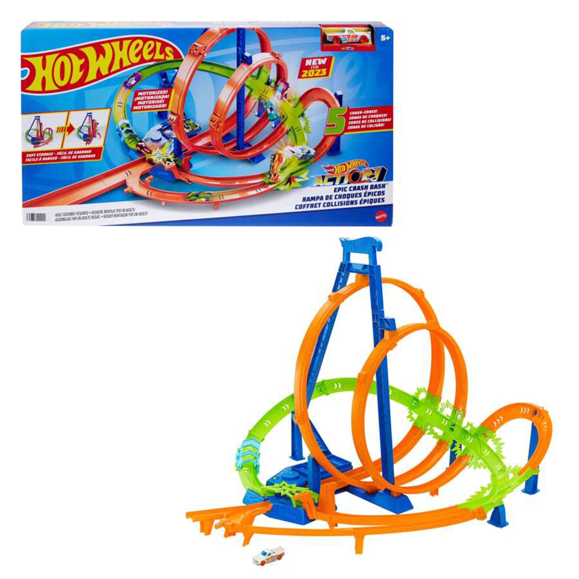 Hot Wheels Track Set with 5 Crash Zones, Motorized Booster, 1 Car, and 2 Loops - VMInnovations